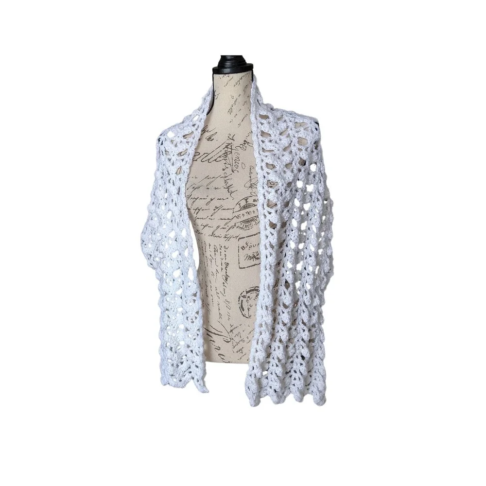 Vintage Style White Crochet Shawl Shrug Wrap Floral Medallion Boho Coquette‎